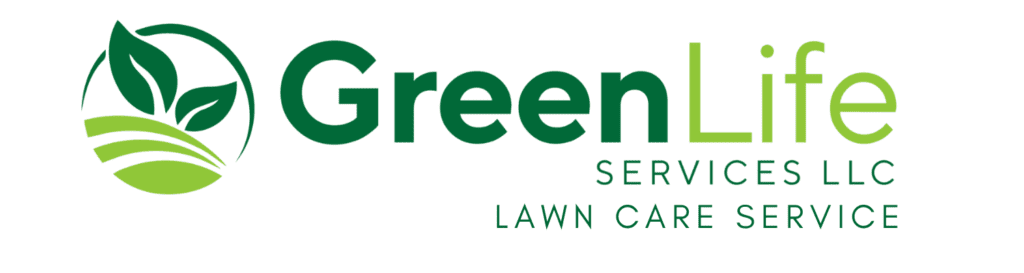 Logo for GreenLife Services LLC, a lawn care service, featuring a green leaf design and text.