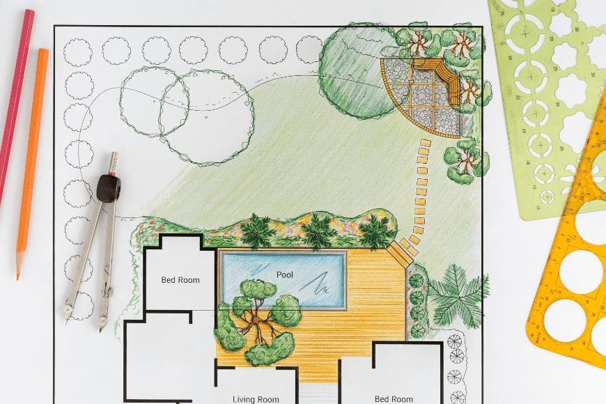 Landscape design plan with colored pencils and drafting tools.