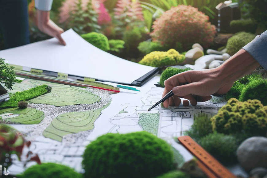 Landscape architect working on a garden design plan with drafting tools and miniature shrubs as a model.
