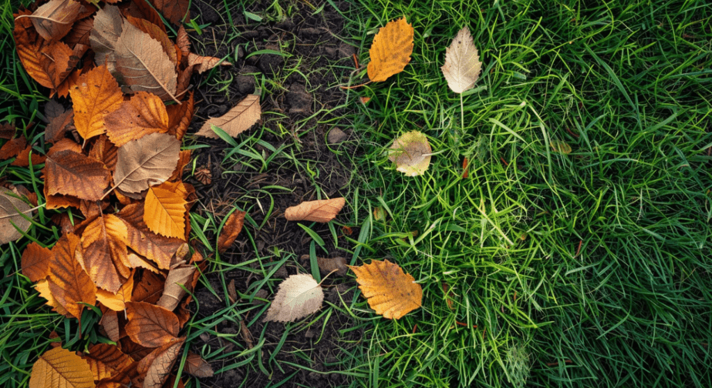 A close-up image of a lawn with a mix of green grass and brown autumn leaves scattered on the ground. Lawn Repair Service