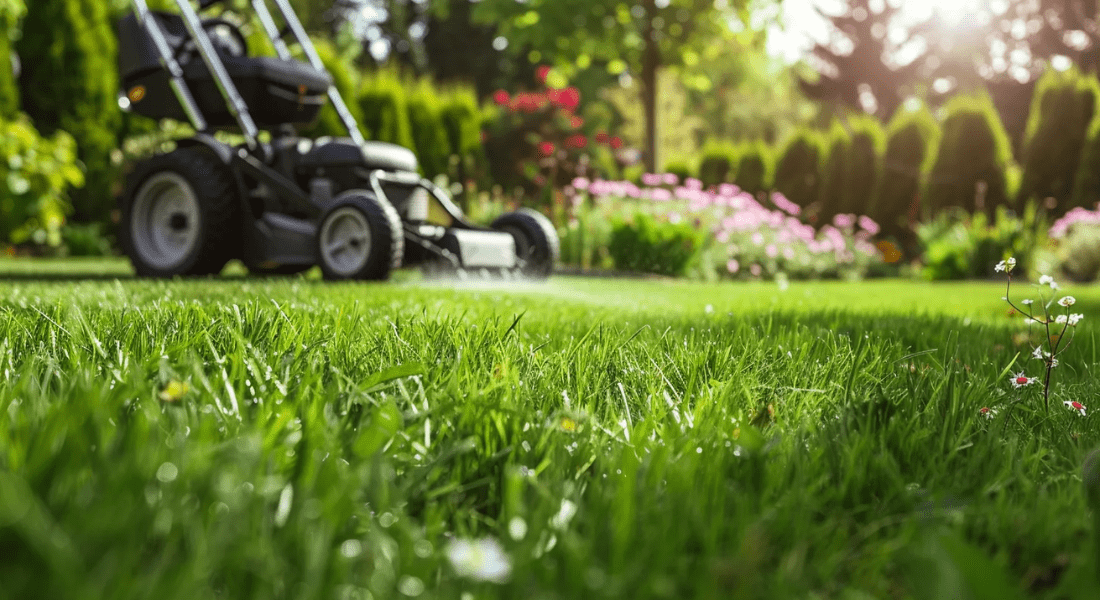 Close-up of a freshly mowed lawn with a lawnmower in the background, surrounded by a garden with blooming flowers and green shrubs. Lawn Repair Service