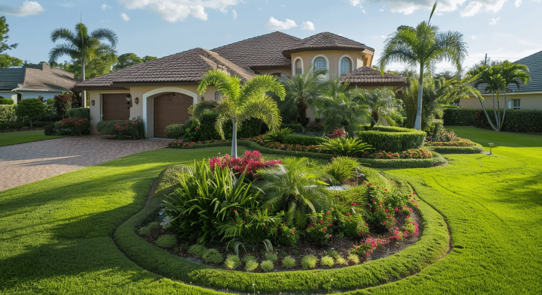 A large house with a tiled roof, two-car garage, and neatly landscaped front yard featuring various plants, trees, and flowers, located in a suburban neighborhood. Perfect Lawn and Landscape