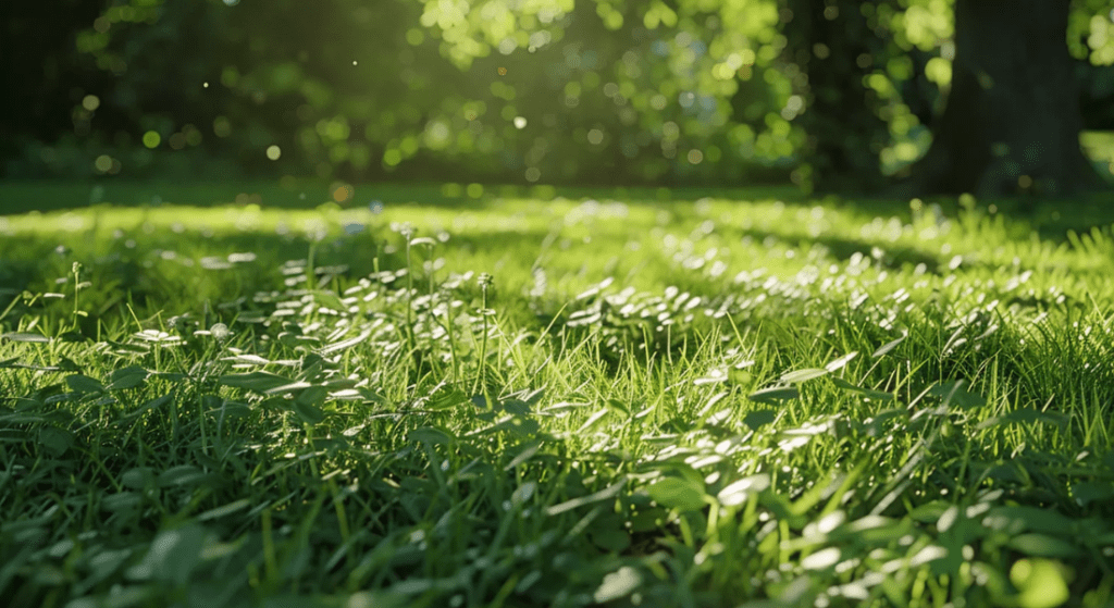 Close-up of green grass in a sunlit garden, with small insects flying in the background and blurred greenery. Lawn Repair Service