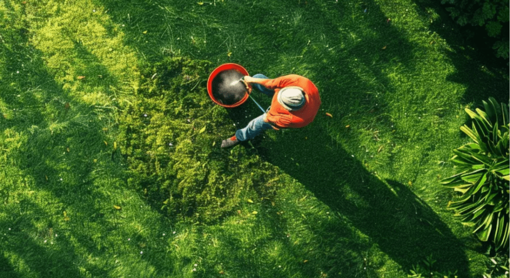 A person wearing an orange shirt and hat sprinkles seeds or fertilizer from an orange container onto a green lawn viewed from above. Lawn Repair Service