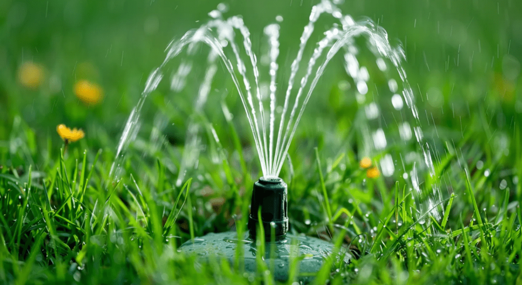 A lawn sprinkler spraying multiple streams of water in a circular pattern among green grass. Lawn Care