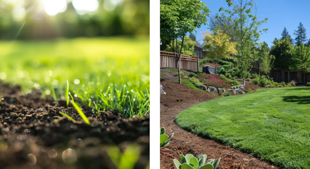 A close-up view of sprouting grass with soil on the left and a manicured backyard garden featuring a lawn, trees, and a fence on the right. Seed vs Sood