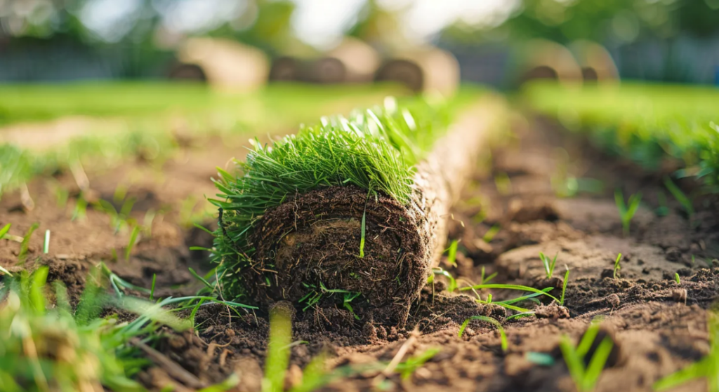 Close-up view of a rolled turf grass being laid out on a soil surface with more rolls visible in the background. The grass appears fresh and green, ready for planting. Seed vs Sood