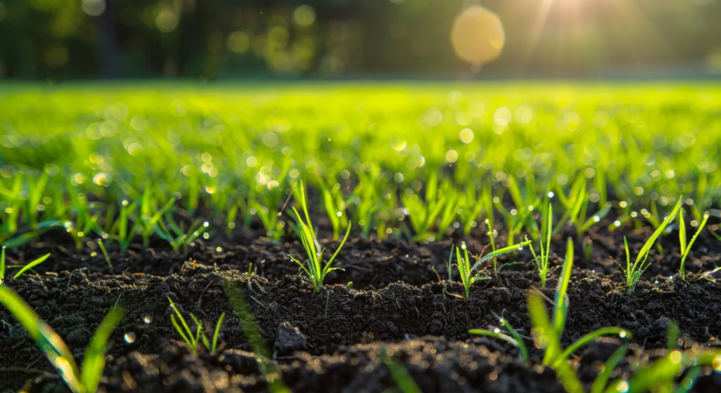 Close-up of freshly sprouted grass blades emerging from soil, with sunlight filtering through in the background, creating a bright and vibrant scene. Seed vs Sood