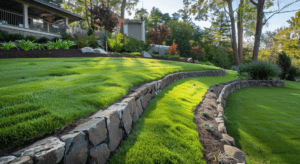 A neatly trimmed grassy hillside with stone retaining walls and surrounding trees on a sunny day. A house and a garden are visible in the background. Seed vs Sood