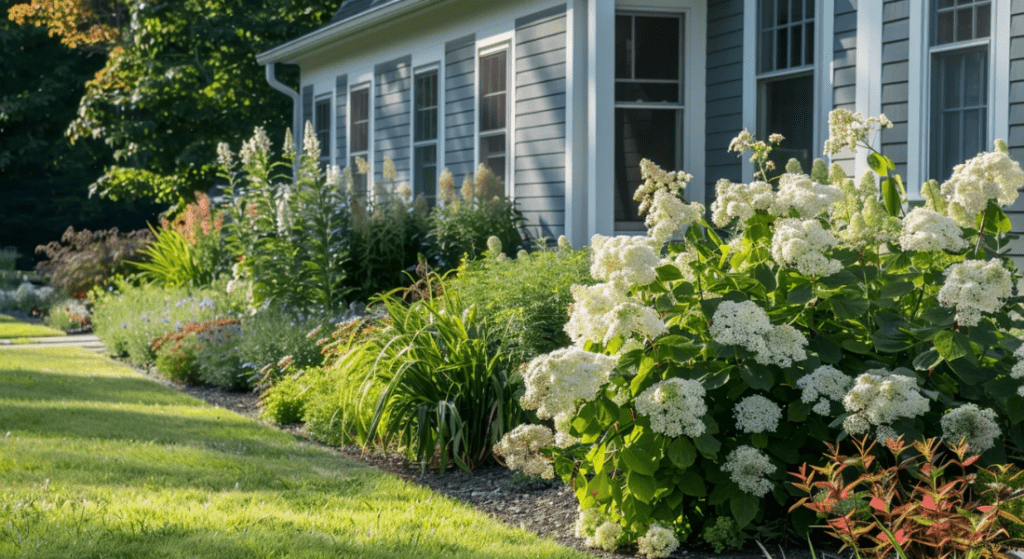 Front yard garden with various bushes and flowering plants along the side of a grey house with white trim. The garden is well-maintained, and the grass is neatly mowed. Best tree to plant in clarksville