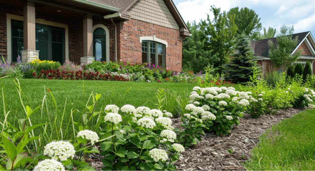 A well-maintained front yard with green grass, neatly arranged white flowering plants, and a variety of colorful flowers in front of a brick house with large windows. Best trees to plant in clarksville