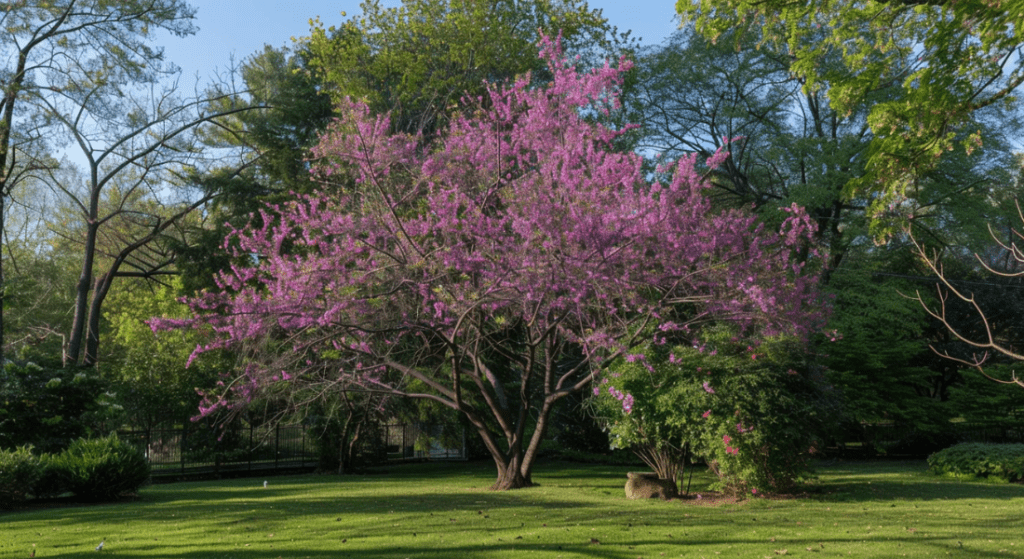 A tree with vibrant pink blossoms stands in the middle of a well-maintained green lawn, surrounded by lush greenery and trees under a clear blue sky. Best Tree to plant a Clarksville