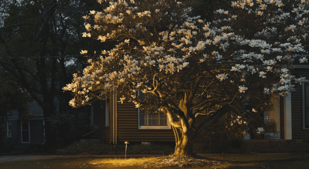 A tree with white blossoms is illuminated by a ground light in front of a house at dusk. The house has brown siding and a dimly lit yard. Best tree to plant a clarksville