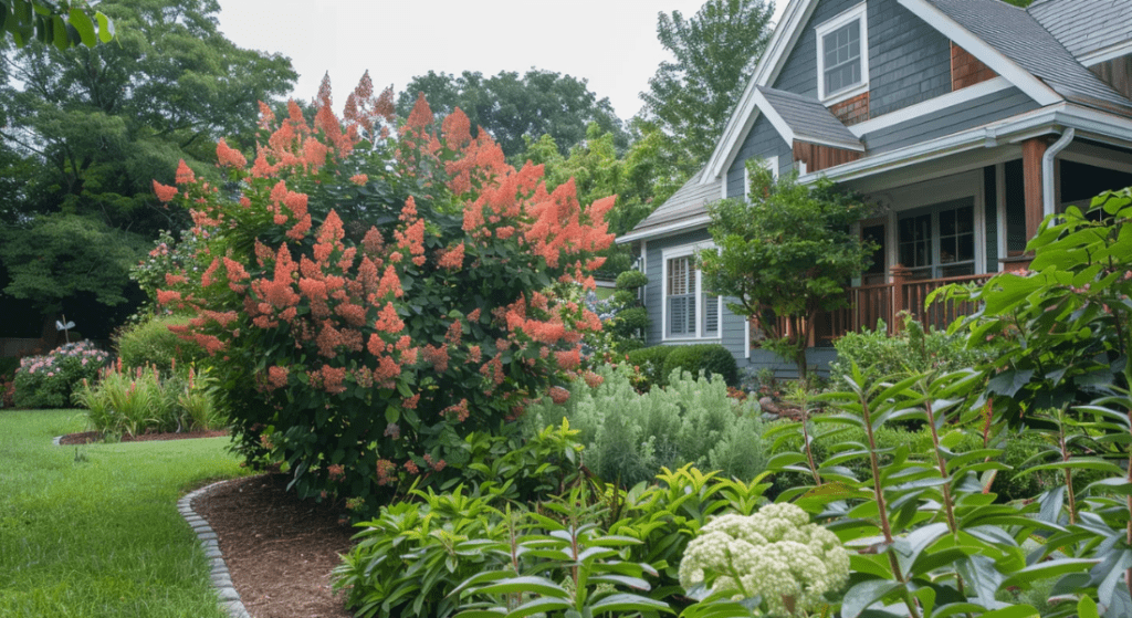 A garden with various plants, including a large shrub with orange-red flowers, is in front of a gray house with white trim and a porch. Trees are in the background. Best tree to plant in clarksville