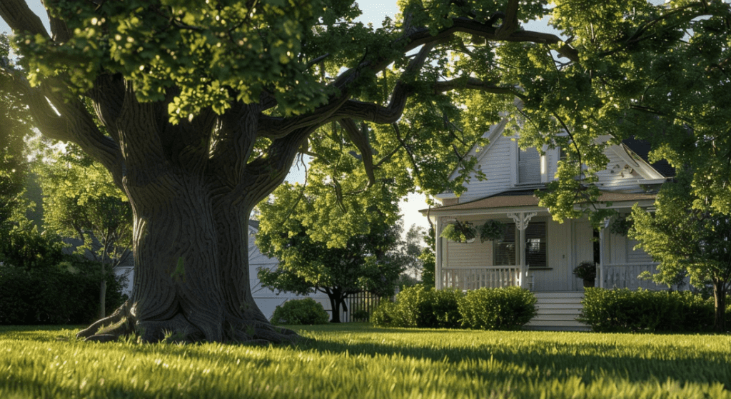 A white house with a porch is partially obscured by a large, leafy tree in the foreground. The sun casts soft light on the well-kept lawn and surrounding greenery. Best tree to plant a clarksville