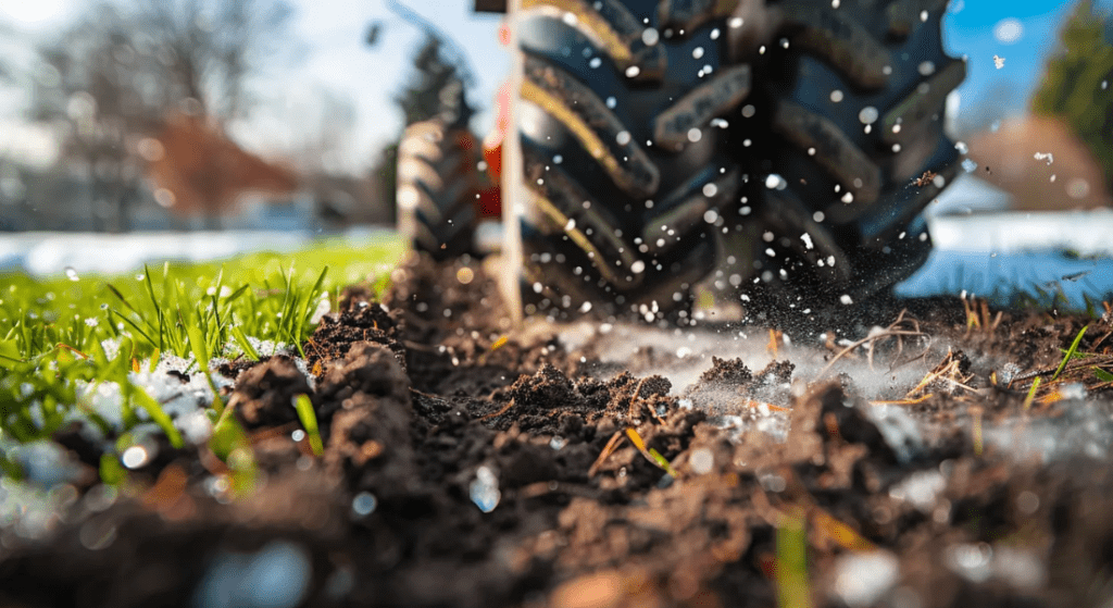 Close-up of a tractor's tire treading through soil, causing dirt and water droplets to scatter, with grass visible in the foreground. 7 Winter Lawn Care Tips to Prepare Your Lawn From The Cold