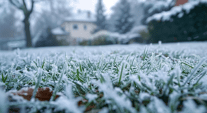 Close-up of grass blades covered in frost with a blurred background of trees and a house. The frost gives the scene a wintry atmosphere.