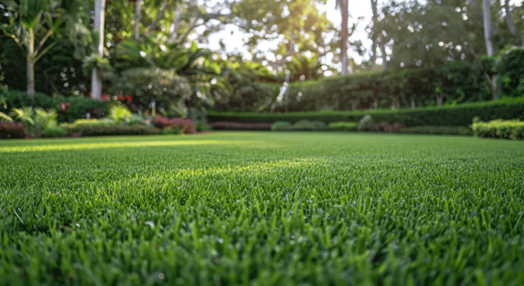 A well-maintained lawn with lush green grass is surrounded by various plants and bushes; sunlight filters through trees in the background.