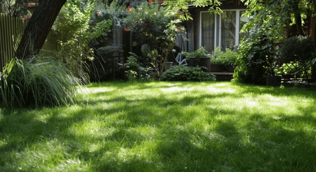 A sunlight-dappled backyard with lush green grass, various plants, and bushes. A house with large windows and a porch is in the background, surrounded by greenery.