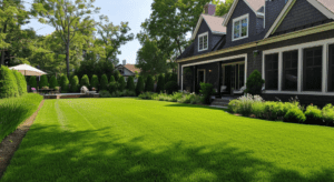 A well-maintained backyard with a lush green lawn, shrubbery, a patio with umbrella, and a dark-colored house in the background. Trees line the perimeter of the yard.