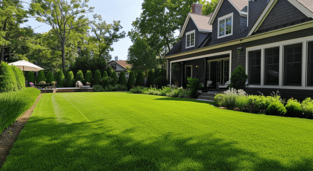 A well-maintained backyard features a green lawn, shrubbery, and a wooden deck with an umbrella and seating area next to a dark gray house with white trim. Trees and a neighboring house are in the background.