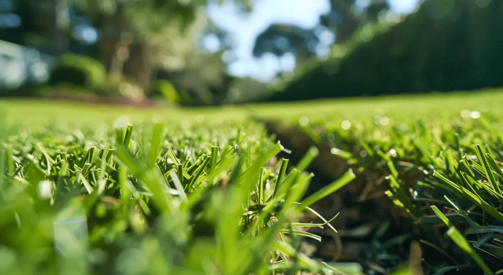 Close-up of a green lawn with blades of grass in sharp focus near the camera, leading to a blurry background of trees and shrubs on a sunny day. how often lawn mowing.