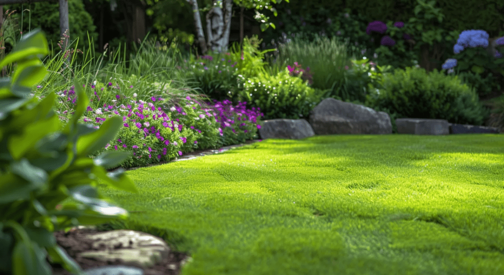 A well-manicured garden featuring a lush green lawn, vibrant purple flowers, various plants, and rocks in the background, illuminated by sunlight.