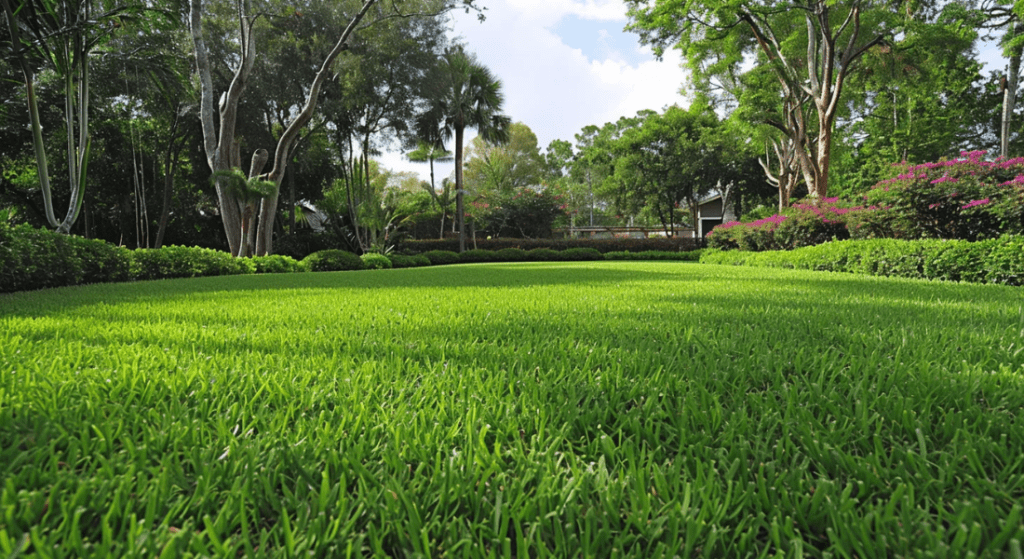 A well-maintained lawn surrounded by various green trees and shrubs with some flowering bushes in the background under a partly cloudy sky.