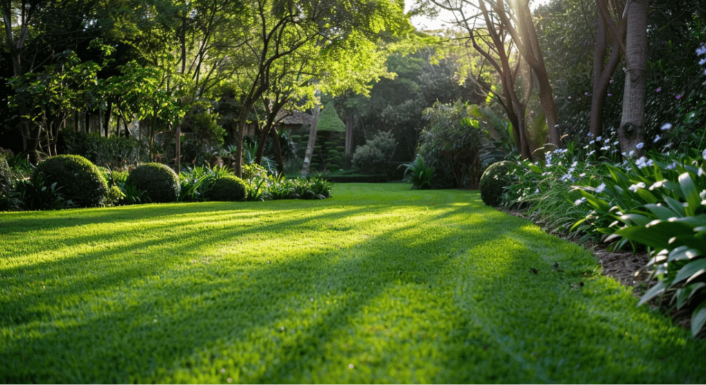 A well-manicured lawn with evenly cut grass, surrounded by lush greenery and trees, bathed in sunlight.