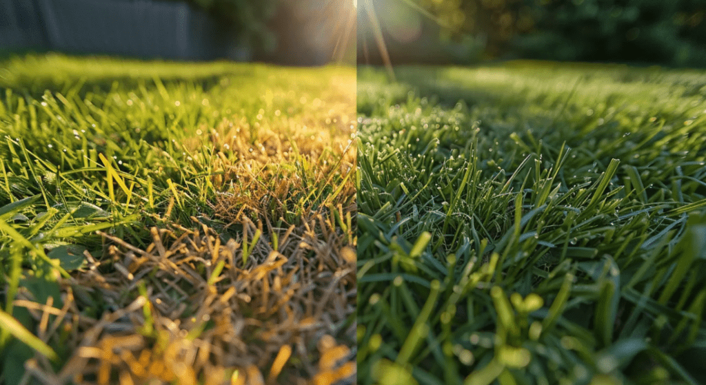 A side-by-side comparison of dry, yellow grass on the left and healthy, green grass on the right under sunlight.