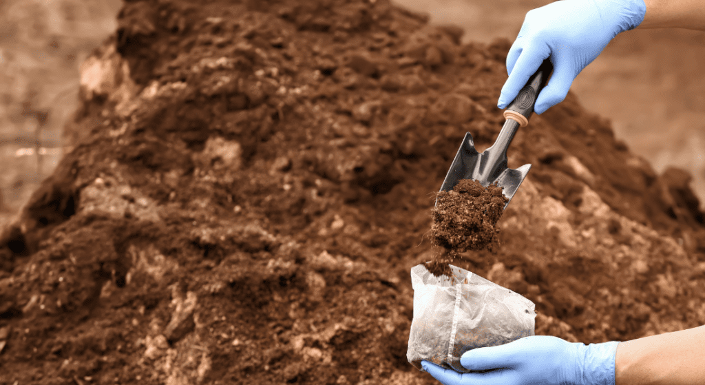 Hands in blue gloves scoop soil into a bag using a small shovel, with a large pile of soil in the background. How to Grow a Strong, Healthy Lawn in Clarksville, TN.