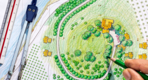 Landscape design blueprint with trees, paths, and small buildings in green and yellow. A hand holds a green pencil. Compass and ruler are on the side. How Much Does a Landscape Design Cost in Clarksville, TN.