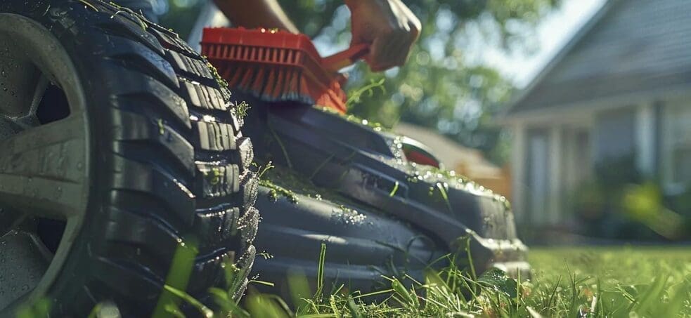 Close-up of a person cleaning grass from a lawn mower with a brush, with one wheel of the mower visible and a house in the background.