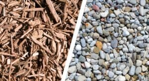 Comparison of two materials: wood chips on the left and smooth pebbles on the right, separated by a white diagonal line.