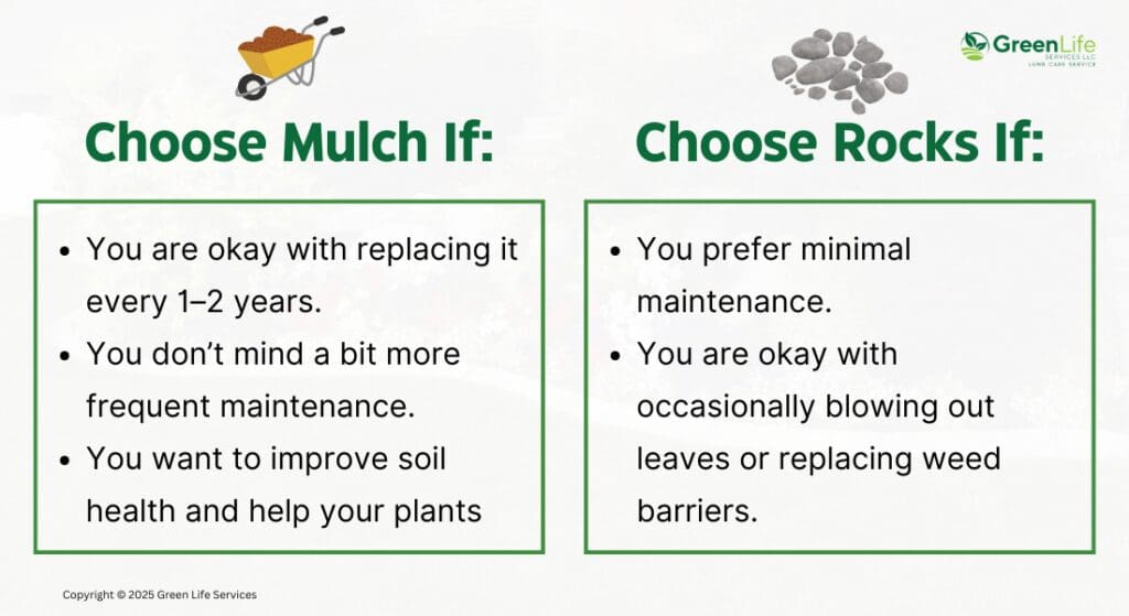 Comparison chart of mulch and rocks choices for gardening. Mulch requires regular replacement and helps soil health. Rocks need minimal maintenance and occasional cleaning.