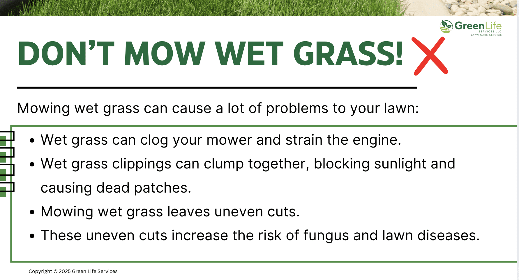 Sign warning against mowing wet grass, listing problems: clogs mower, clumps block sunlight, uneven cuts, increased disease risk.